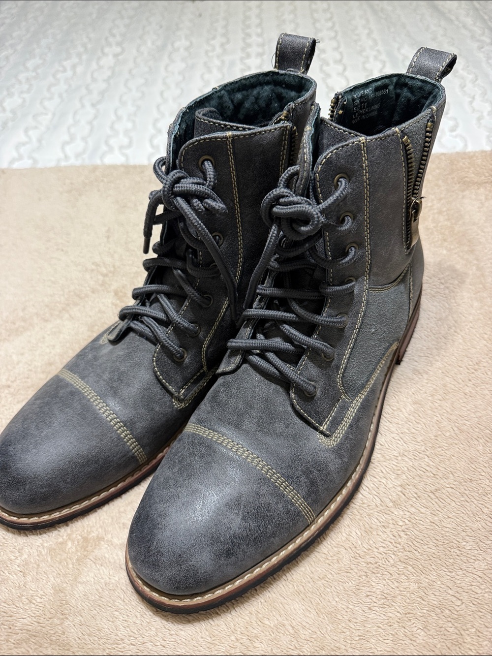 Men's Charcoal Gray Lace-Up Zip Combat Boots